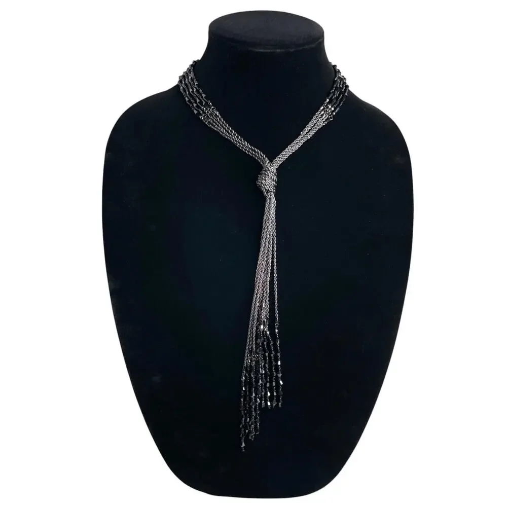NWT WHBM Black Beaded Knotted Tassel Necklace with Adjustable Chain‎ 17-20